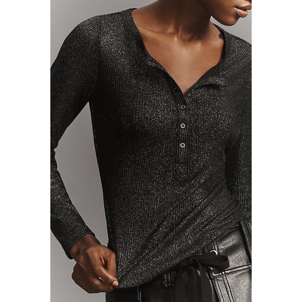 Pilcro The Andie Ribbed Spotlight Henley Shimmer Long Sleeve Top Black Large NWT